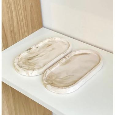 Imagem de Conjunto 2 peças Bandejas Ovais de cimento branco artesanal resistente à água. (2 Peças Efeito Mármore Marrom)