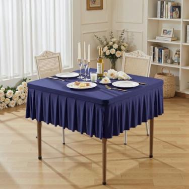 Imagem de Toalhas de mesa de elastano azul marinho para mesas quadradas de 86 x 86 cm, roupas de mesa elásticas com saia plissada com babados para mesa de 86 cm, sem rugas e elásticas, para festa, cozinha, casa