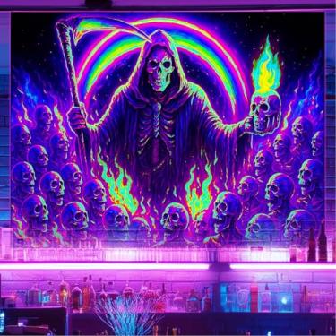 Imagem de BlissYard Tapeçaria de Halloween Grim Reaper BlackLight Tapeçaria UV Reactive Neon Skull Wall Hanging 78x159 polegadas Cena de morte psicodélica com arco-íris e esqueletos de fogo para quarto, sala de