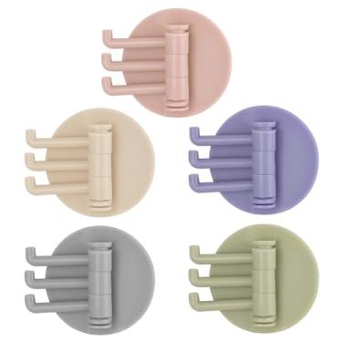 Imagem de 5 ganchos giratórios multifuncionais, ganchos de toalha autoadesivos com 3 ganchos, ganchos adesivos de parede de plástico para pendurar casaco, roupas, toalha, chaveiro, cozinha, armário, escritório