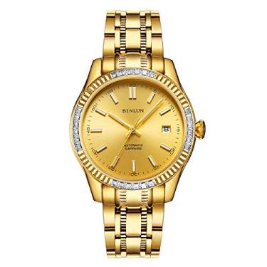 Imagem de Relógio de pulso mecânico automático masculino BINLUN banhado a ouro 18 quilates à prova d'água e luminoso para homens com presentes de data para o Dia dos Pais e o papai, Gold band & Gold dial