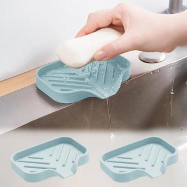 Imagem de 2 peças de saboneteiras de silicone para cozinha, bandeja de pia para sabão e esponja para banheiro, suporte de sabão com design ranhurado (azul claro)