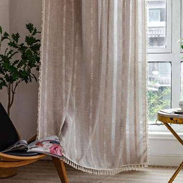 Imagem de Cortinas de linho de 274 cm de comprimento para sala de estar, conjunto de 2 painéis, cortinas bordadas para casa de fazenda borla, cortinas boho para quarto, cortinas de janela com filtro de luz, cortinas de bolso para varão (132 cm L x 274 cm C, cáqui)