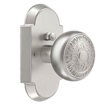 Imagem de BonKuDoo Maçaneta de porta de privacidade interior com fechadura, maçanetas de porta de níquel acetinado para banheiro e quarto, maçaneta vintage com botão de pressão sem chave, 1 pacote