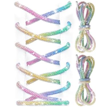 Imagem de UamGlsob Cadarços de strass com glitter, cadarços de corda redonda brilhante com diamante brilhante de cristal para tênis, moletons e botas, Arco-íris, 39"/100cm