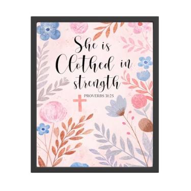 Imagem de Impressão de arte floral She is Clothed in Strength, decoração de oração das escrituras cristãs, arte de parede inspiradora com design floral elegante para escritório em casa (20 x 25 sem moldura)