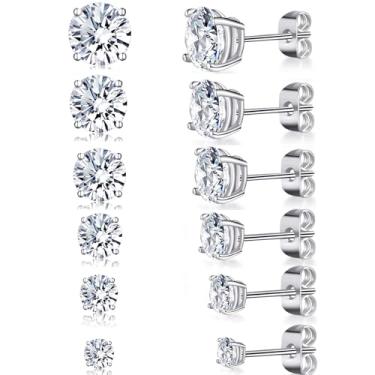 Imagem de Gemsme 6 pares de brincos de zircônia cúbica para mulheres/homens - conjunto de brincos transparentes de 3 a 8 mm de corte redondo, 4 pinos, banhados a ouro 18 K, hipoalergênicos, 3 a 8 mm, Latão