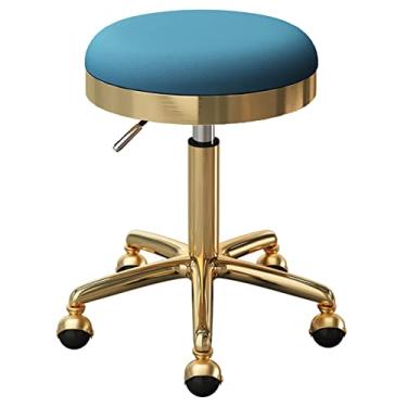 Imagem de BSNANCA Cadeira giratória com rodinhas assento redondo salão de beleza escritório bar bancos com 5 garras e rodas terra, ajustável 47-64 cm (cor: cinza claro) (preto) (azul escuro)