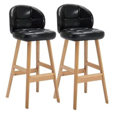 Imagem de Banco para pés, banquetas modernas de 2 peças, bancos de bar com altura de balcão com encosto, cadeiras de bar com apoio para os pés, assento de pele de cera de óleo e moldura de madeira maciça para