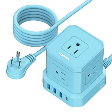 Imagem de Barra de alimentação com USB-C (3.0A), plugue plano protetor de surto, barra de alimentação de viagem, cabo de extensão TOPREK de 3 metros com 5 saídas CA e 4 USB