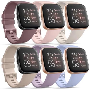 Imagem de Pacote com 6 pulseiras esportivas compatíveis com Fitbit Versa 2 / Fitbit Versa / Versa Lite / Versa SE, pulseiras de substituição clássicas de silicone macio (grande, estrela/chá leite/violeta fumaça/rosa areia/azul bebê/roxo claro)