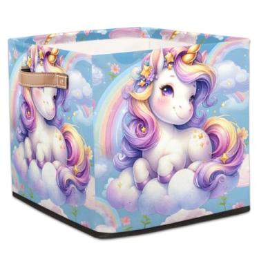 Imagem de hongjinglin Cestas de armazenamento dobráveis de unicórnio roxo fofas caixas dobráveis brinquedo infantil com alças organizador de armazenamento de tecido cesto para berçário, sala de estar, quarto