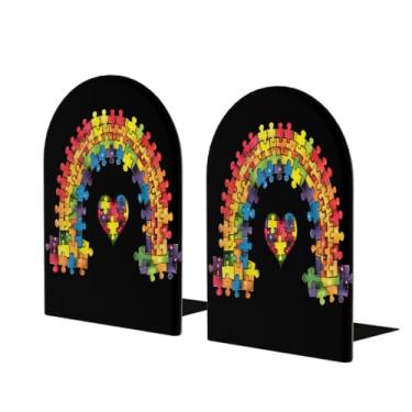 Imagem de Suporte de livros de madeira grande colorido autismo arco-íris decorativo antiderrapante resistente terminais de livros para escritório mesa de escritório em casa biblioteca escola estudo decoração