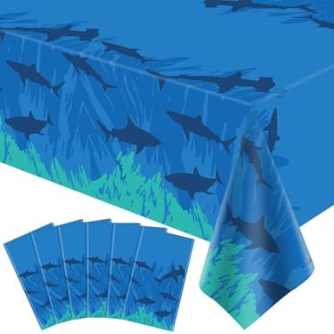 Imagem de FVEOCR 6 peças Toalha de mesa de tubarão tema oceano capa de mesa de aniversário tema animal marinho toalha de mesa de festa suprimentos de aniversário do oceano capa de mesa de plástico sob o mar