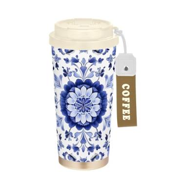 Imagem de SEHANY Caneca de viagem Bohemia azul branca 482 g xícaras de café reutilizáveis revestidas de cerâmica com tampa à prova de vazamento, parede dupla, isolamento a vácuo, copo de café de aço inoxidável