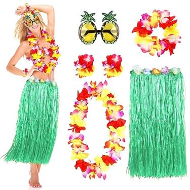 Imagem de MIVOEDIK Saia de grama para adultos, mulheres, saia de hula Grils para roupas havaianas de festa Luau com flores Leis e óculos de sol, Verde, G
