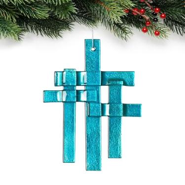 Imagem de Enfeites de pendurar em cruz de palmeira de vidro feitos à mão, enfeite de três cruzes, para decoração de memorial de árvore de Natal, batismo, presentes de aborto espontâneo para mães cristãs