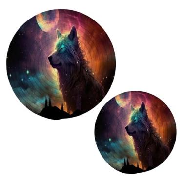 Imagem de KEEPREAL Dreamscapes Wolf Trivets para pratos quentes - Conjunto de 2 peças de suportes de panela de algodão trançado resistente ao calor - porta-copos redondos para cozinhar, assar #127