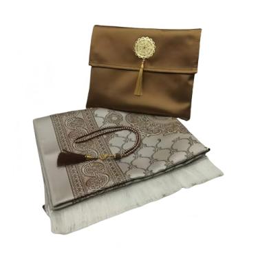 Imagem de WABIWABI@HOME Conjunto de presente Ramadã e Eid – Tapete de oração islâmica com contas Tasbih, tapete de oração premium em saco ou caixa de presente, ideal para homens e mulheres muçulmanos (marrom
