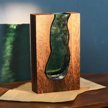 Imagem de Vasos embutidos de madeira e vidro, vaso de flores de madeira de fazenda, vaso de vidro de madeira maciça, vasos de decoração de casa para centro de mesa (24 cm)