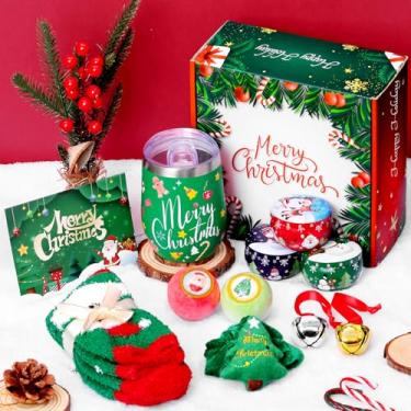 Imagem de Cestas de presentes para mulheres, cesta de presente de spa de Natal, conjunto de ideias de presentes de Natal com meia copo de 425 g para professora, enfermeira, colega de trabalho, irmã (verde)