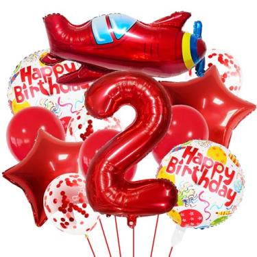 Imagem de Conjunto de decoração de 2º aniversário vermelho avião, 2º balão de coração vermelho, balão colorido de feliz aniversário de 2 anos para meninas, meninos, crianças, adultos, artigos de festa, meninos