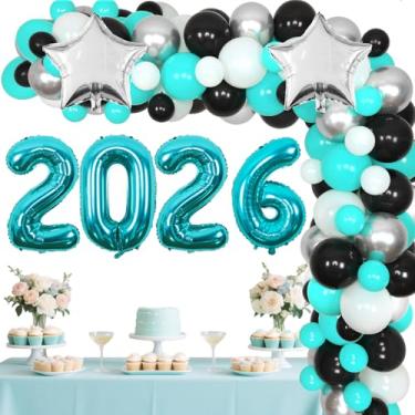 Imagem de Kit de decoração de festa de formatura 2026 - arco de guirlanda de balão preto azul-petróleo, balão de 2026, balão de folha de estrela prata para idosos, graduados, aniversário, decoração de festa de