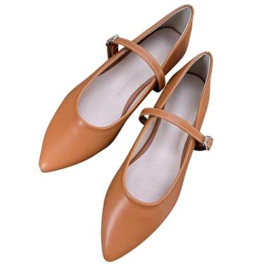 Imagem de TN TANGNEST Sapatilhas de couro para mulheres, confortáveis, bico fino, sem cadarço, rasteiras de trabalho macias retrô Mary Jane, J marrom claro, 35