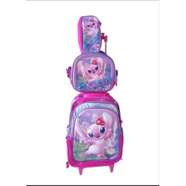 Imagem de Kit Escolar Mochila Lilo Stitch Angel De Carrinho Com Estojo e Lanchei
