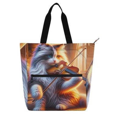 Imagem de GAIGEO Ragdoll Bolsa sacola de gato violino músico livro com zíper para mulheres, crianças, faculdade, escola, trabalho, viagem, estampa floral