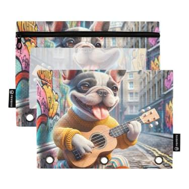 Imagem de GAIGEO Bolsa para lápis com 3 anéis para estudantes, bolsas de lápis com zíper rosa para fichários escolares bolsos engraçados buldogue fofo cachorrinho 25 x 18 cm, 2 pacotes