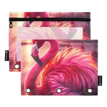 Imagem de GAIGEO Pasta de lápis flamingo rosa choque com 3 anéis, bolsa de lápis, fichário com zíper, bolsas, caneta, escola, bolsos transparentes, escritório, 25 x 18 cm, 2 pacotes