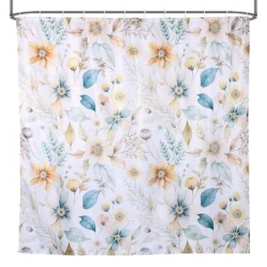 Imagem de DJAPWPX Cortina de chuveiro Boho com 12 ganchos de plástico, patchwork com tema floral, estilo floral de meados do século, cortina de banho retrô vintage para decoração de banho boho, tecido