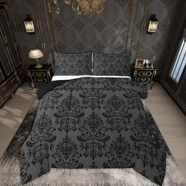 Imagem de jejeloiu Conjunto de cama vintage damasco floral macio para meninos e meninas, boêmio, gótico, boêmio, floral, tamanho Queen, oriental antigo, edredom de microfibra, decoração de quarto, 3 peças com 2