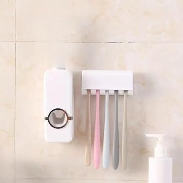 Imagem de Dispenser de Creme Dental com Porta Escovas Organizador Banheiro Anti Derrapante Prova d Água para Família (Branco Simples)