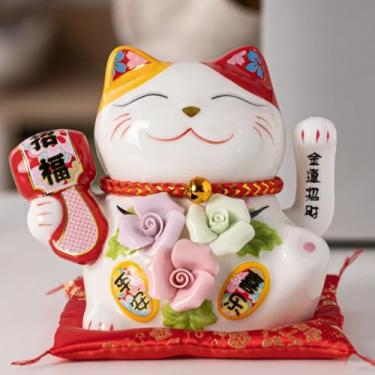 Imagem de FENNYYAR Ornamento de cerâmica de gato da sorte de flor nostálgica com caixa de presente, estátua de decoração de casa de gato rico de 15 cm