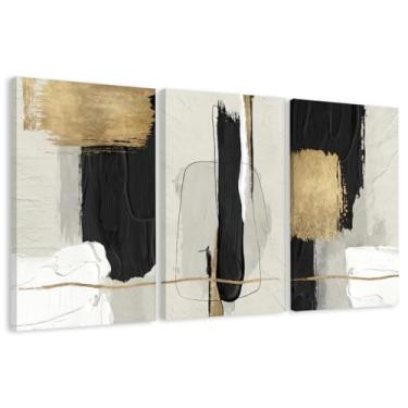 Imagem de DUWQU Arte de parede em tela abstrata preta e dourada grande de 3 peças, arte moderna em ouro preto e branco, impressões minimalistas em bloco bege dourado para sala de estar, quarto, escritório