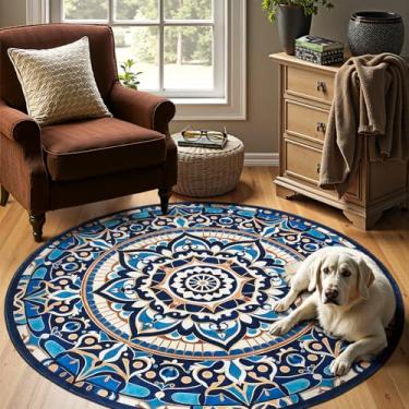 Imagem de jinchan Tapete redondo mandala 1,8 m azul boho tapete lavável marroquino 1,8 m redondo moderno pacífico tapete macio antiderrapante de perfil baixo para sala de estar, quarto, sala de jantar, pátio