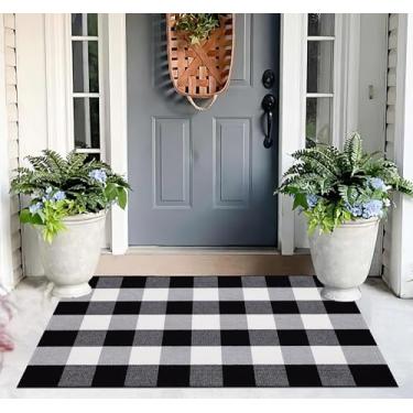 Imagem de Capacho em camadas preto e branco 70 x 119 cm quadriculado tapete externo tecido de algodão lavável tapetes de porta ao ar livre para bem-vindo, capacho de porta, entrada, quarto, sala de estar