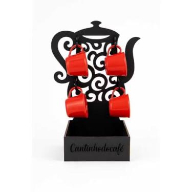 Imagem de Suporte Bule + 4 Xícaras Cantinho do Café Chá Escolha Cor Porta Xícaras Cozinha Organizador Bandeja (Bule Preto C/Xicara Vermelho)