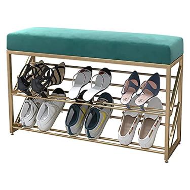 Imagem de pcagfaajmh Banco de sapatos de 2 níveis com prateleiras de malha de armazenamento, sapateira com assento para entrada, sala de estar, corredor, rolamento de carga firme (cor: verde escuro, tamanho: 1