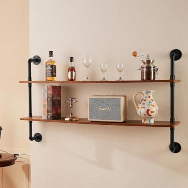 Imagem de pcagfaajmh Prateleiras de madeira rústicas montadas na parede com suportes de metal preto - Prateleiras de armazenamento para decoração de cozinha e sala de estar, preto (120 x 25 x 65 cm) ()