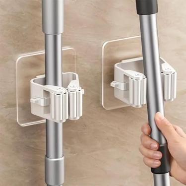 Imagem de Prendedores de esfregão de parede com sucção sem rastros pacote com 2/4 ganchos de vassoura design à prova d'água para banheiro e cozinha, 2 peças