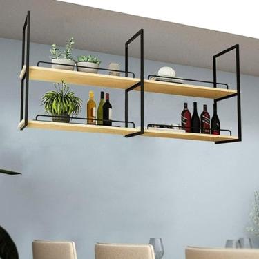 Imagem de Prateleira suspensa de teto | Suporte flutuante para vaso de flores de madeira e metal | Prateleiras suspensas para armazenamento de cozinha prateleira de exibição de 2 camadas com corrimão (80 x 30 x
