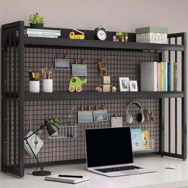 Imagem de Organizador de estante de mesa camada dupla com moldura de aço e material de placa de madeira, suporte de carga estável para escritório, decoração de casa, cozinha (cor: preto, tamanho: 55 * 24 * 98