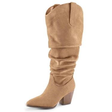 Imagem de mysoft Botas femininas de cano alto de panturrilha larga Cowgirl salto baixo grosso empilhado largura larga bico fino botas altas despojadas com zíperes, Cano largo caramelo, 6.5 Wide