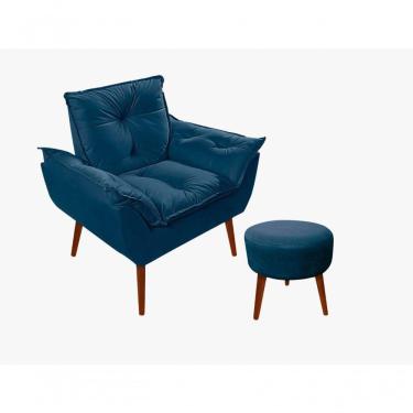 Imagem de Kit C-01 Poltrona Opala + 01 Puff Redondo Danny Suede Azul Marinho
