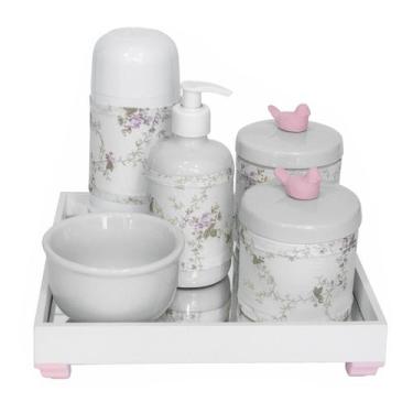 Imagem de Kit Higiene Completo Bebê Porcelana Bandeja Passarinho Rosa - Potinho 