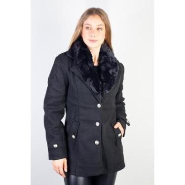 Imagem de Casaco feminino lã batida sintética com gola de pelo removível 84209-Feminino