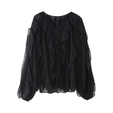 Imagem de Blusa Feminina Casual De Primavera Com Babados, Decote Em V, Renda E R